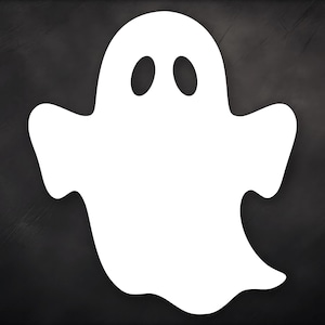 May include: A white ghost silhouette with two oval eye shapes on a dark grey backdrop. The ghost has a traditional, friendly design, suitable for Halloween decorations or craft projects. The image is simple and clean.
