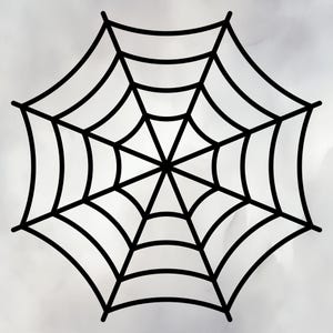 May include: A black spider web design against a light gray background. The web is a symmetrical, circular pattern with radiating lines and concentric arcs, perfect for Halloween or spooky-themed crafts.