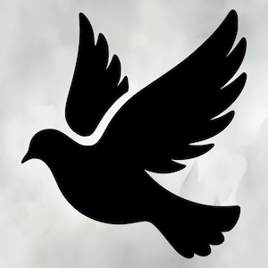 May include: A black silhouette of a dove in flight against a soft, cloudy background. The bird's wings are fully extended, showcasing its graceful form. The image evokes a sense of peace and freedom, suitable for various decorative applications.