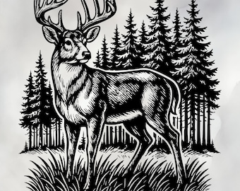 Buck SVG PNG - Forest Scene – Detailed White-tailed Deer Illustration for Sublimation and Print, Wildlife Hunting Decor Design