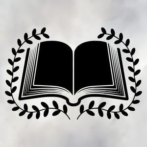 Op de afbeelding: Zwart-wit illustratie van een open boek met zichtbare pagina's, omringd door een lauwerkrans. De pagina's van het boek zijn gedetailleerd en de krans voegt een decoratief element toe. Geschikt voor boekenliefhebbers en educatieve thema's.