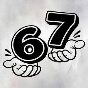 Puede incluir: Gráfico en blanco y negro de los números 6 y 7, cada uno sostenido por una mano de dibujos animados. El número 6 tiene un círculo blanco en el centro. El fondo es gris claro.