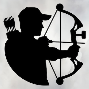May include: Black silhouette of a person aiming a bow and arrow. The archer wears a baseball cap and has a quiver of arrows on their back. The bow is a modern compound bow, with a sight and stabilizer.