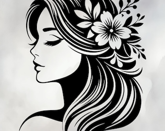 Floral Woman SVG PNG – Elegant Female Profile Clipart – Black Silhouette for Cricut & Print