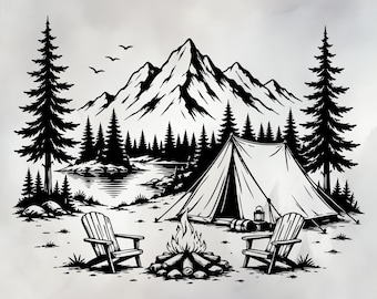 Camping Tent PNG SVG, Mountain Campfire Design, Outdoor Adventure Sublimation, Forest Camping Scene, Nature Graphic, Digital Download