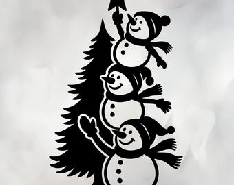 Snowman SVG | Stacked Snowmen Decorating Tree SVG | Snowmen Silhouette Laser Cut File | Winter Holiday Cricut PNG | Christmas Decor Vector