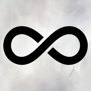 May include: A black infinity symbol on a soft, blurred grey and white background. The symbol is a continuous loop, representing eternity or endless possibilities. The design is simple and graphic.