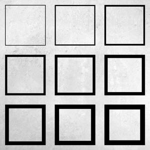 Puede incluir: Nueve cuadrados con marco negro dispuestos en una cuadrícula de 3x3. Cada cuadrado tiene un fondo blanco texturizado. Los marcos varían en grosor, creando un patrón visual. El diseño es minimalista y geométrico.