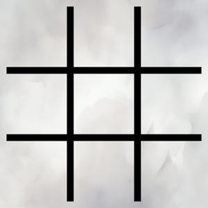 May include: A black tic-tac-toe grid design against a soft, watercolor-style background of white and gray. The grid is composed of thick, solid black lines, creating a simple yet bold graphic.