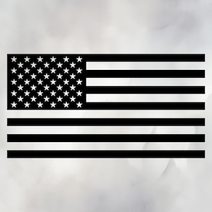 May include: Black and white American flag design. The flag features 50 white stars in a blue rectangle in the upper left corner and 13 alternating black and white stripes. The flag is a symbol of the United States of America.