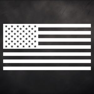 May include: A white and black American flag design. The flag features 50 stars in the upper left corner and 13 stripes. The stars and stripes are white, set against a black background. The design is a minimalist representation of the United States flag.