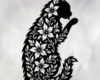 花柄猫SVG | 座る猫のシルエット | 花柄猫PNG | 装飾猫カットファイル | Cricutとレーザー彫刻デザイン