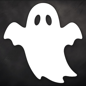 Puede incluir: Silueta blanca con forma de fantasma con dos agujeros ovalados para los ojos, sobre un fondo gris oscuro. El fantasma tiene una forma ondulada en forma de ala a cada lado, creando un tema de Halloween espeluznante.