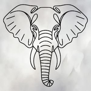 May include: A black line drawing of an elephant's head. The image shows the elephant's large ears, tusks, and trunk in detail. This minimalist design is suitable for wall art or graphic design. The elephant's face is centered against a neutral background.