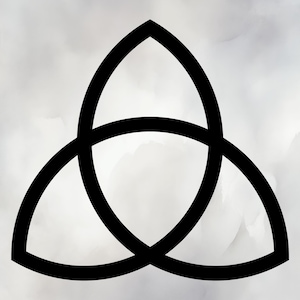May include: A black Triquetra symbol, a Celtic knot design, against a soft, watercolor-style gray background. The interwoven lines form three arcs, symbolizing interconnectedness and unity. The design is simple yet striking.