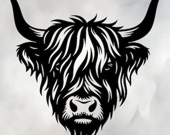 Highland Cow Head SVG PNG – Detailed Scottish Cow Silhouette – Farm Animal Vector for Cricut & Laser Cutting