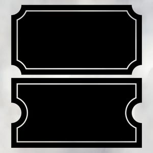 May include: Two black rectangular labels with white borders and rounded corners. The top label has a classic shape, while the bottom label has curved cutouts on the sides. Both labels are set against a light gray background.