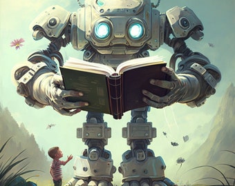 Reading robot print, tech-inspired, futuristic-themed, high-quality, printable wall art, digital download.