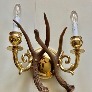 Polished brass wall sconce with deer antlers