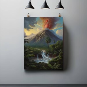 Puede incluir: Una pintura de una exuberante jungla verde con una cascada que fluye por la ladera de una montaña. Un volcán entra en erupción en el fondo, arrojando humo rojo y naranja al cielo.