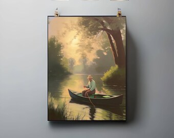 Fishing Scene Digital Print | Lakeside Wall Art | Outdoor Adventure Printable | Nature Decor | Fisherman Illustration | Digital Download