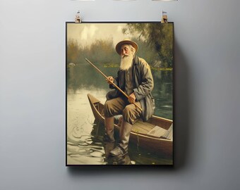Old Man Fishing Digital Print | Nostalgic Wall Art | Vintage Fisherman Printable | Lake Scene Decor | Rustic Illustration | Digital Download