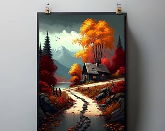 Autumn Cabin Digital Print | Fall Landscape Wall Art | Cozy Forest Printable | Rustic Home Decor | Nature Digital Download | Woodland Art