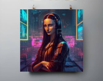Cyberpunk Mona Lisa Print | Futuristic Art Parody | Sci-Fi Wall Art | Vaporwave Aesthetic | Neon Renaissance Mashup | Retro Futurism Decor