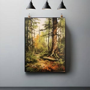 Puede incluir: Una pintura que representa una escena de bosque con un camino que atraviesa los árboles. Los árboles son principalmente verdes, pero algunos tienen hojas amarillas. El camino está bordeado de hojas caídas y ramas.