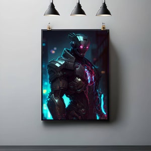 以下が含まれることがあります： 金属製の銀色と黒のボディ、青とピンクの光るエネルギーライン、赤いバイザーをつけた未来的なロボット。ロボットは暗いネオンの街に立っている。