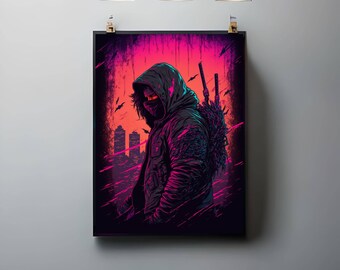 Cyberpunk Ninja Digital Print | Synthwave Wall Art | Retrowave Neon Printable | Vaporwave Aesthetic | Gaming Room Decor | Digital Download