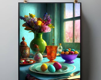 Easter Dinner Digital Print | Spring Holiday Wall Art | Easter Bunny Family Printable | Seasonal Home Decor | Rabbit Illustration