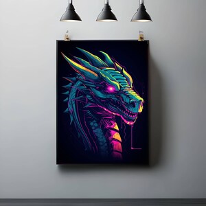 Puede incluir: Una ilustración vibrante de un dragón con colores neón. El dragón tiene un cuerpo azul, verde y amarillo con una melena rosa y amarilla. Los ojos del dragón brillan en rojo.