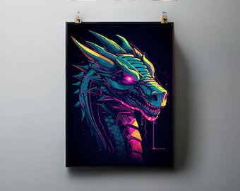 Synthwave Dragon Digital Print | Retrowave Fantasy Wall Art | Vaporwave Dragon Printable | 80s Aesthetic Decor | Neon Gaming Art