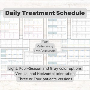 Peut inclure: Un planning de traitement quotidien imprimable pour les professionnels vétérinaires. Le planning est disponible en options de couleurs claires, quatre saisons et grises. Il peut être imprimé en orientation verticale ou horizontale et propose des options pour trois ou quatre patients.