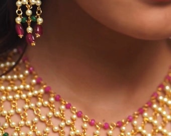 Statement piece jewellery set - Pearl Mesh Necklace - w/ Earrings