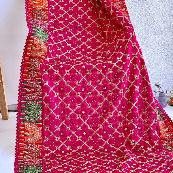 Exotic Phulkari Bridal Dupatta / Shawl - Designer Peacock Embroidery on Borders and Mirror Work - In Magenta, Yellow and Baby Pink