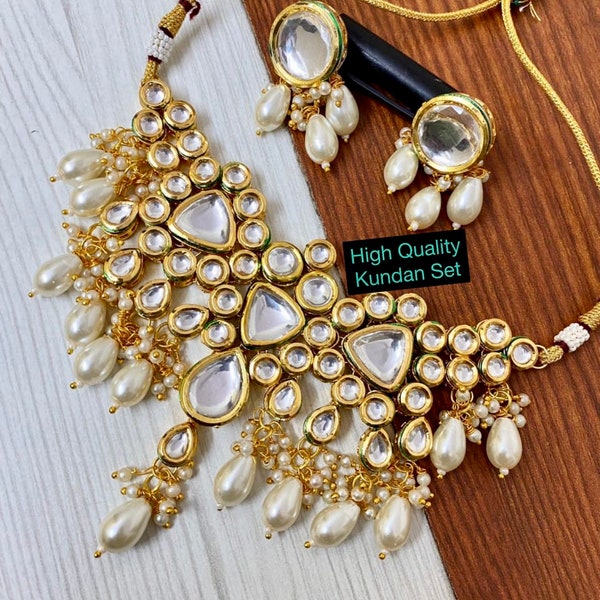 Heavy Kundan Choker Set with hanging Pearls - Necklace and Earrings set - Adjustable string necklace - Real Meenakari back