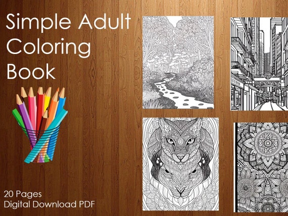 Adult Coloring Book, Simple, Mindfulness, Digital, PDF, Downloadable,  Multiple Pages, Abstract, Animal, Cityscape, Nature, Zen