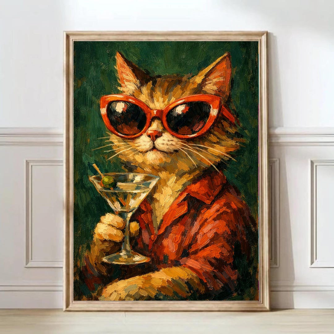 Cat With Martini Oil Painting, Funny Cat Wall Art, Red Sunglasses Cat ...