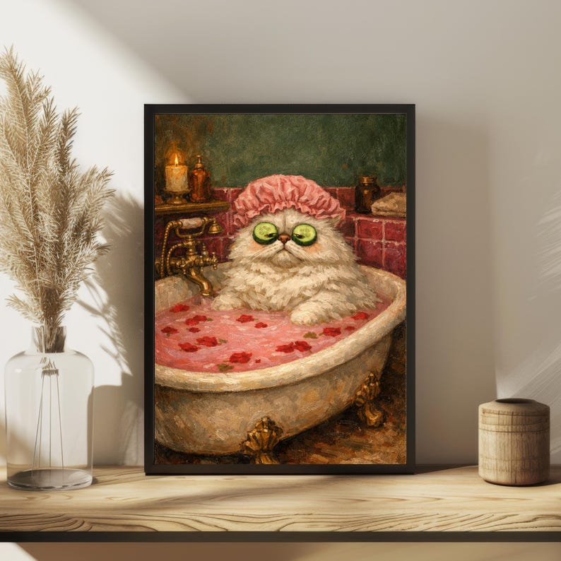 Funny Cat Bathroom Wall Art Printable | Vintage Oil Painting Cat Spa ...