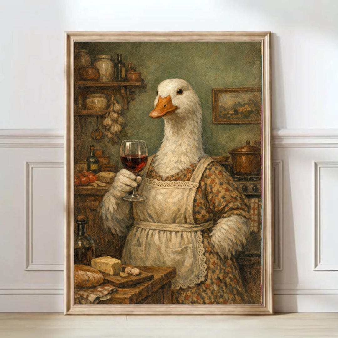 Grandmacore Goose Kitchen Art, Wine Lover Gift, Vintage Oil Painting ...