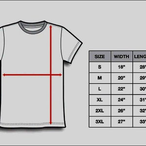 Op de afbeelding: Een maattabel voor een T-shirt met afmetingen in inches voor breedte en lengte. De tabel toont maten van S tot 3XL.