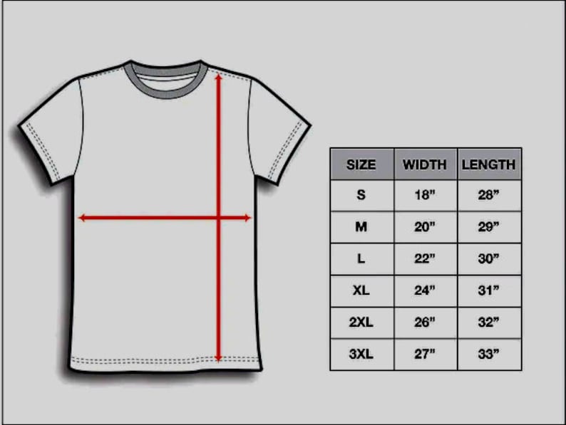 Op de afbeelding: Een maattabel voor een T-shirt met afmetingen in inches voor breedte en lengte. De tabel toont maten van S tot 3XL.