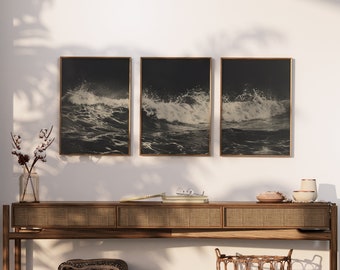 Black and White Ocean Wave Print Set: Coastal Triptych (Digital Download)