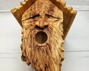 Folk Art Birdhouses and Feeders with Wood Spirit Faces with Round Mouths - Hand Carved Cedar