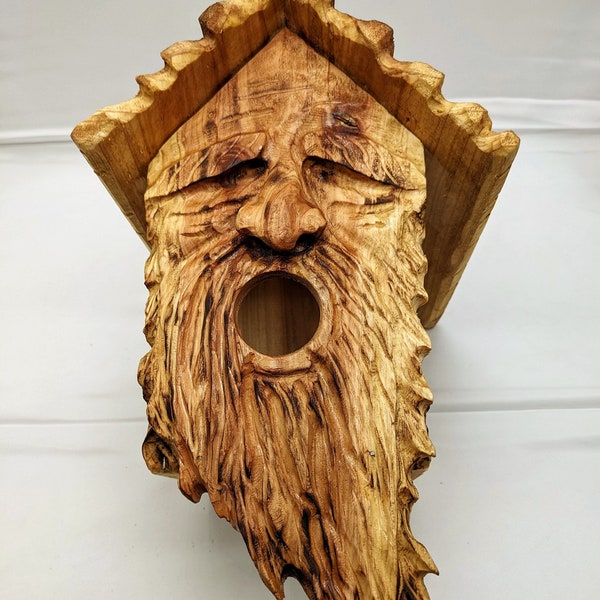 Folk Art Birdhouses and Feeders with Wood Spirit Faces with Round Mouths - Hand Carved Cedar