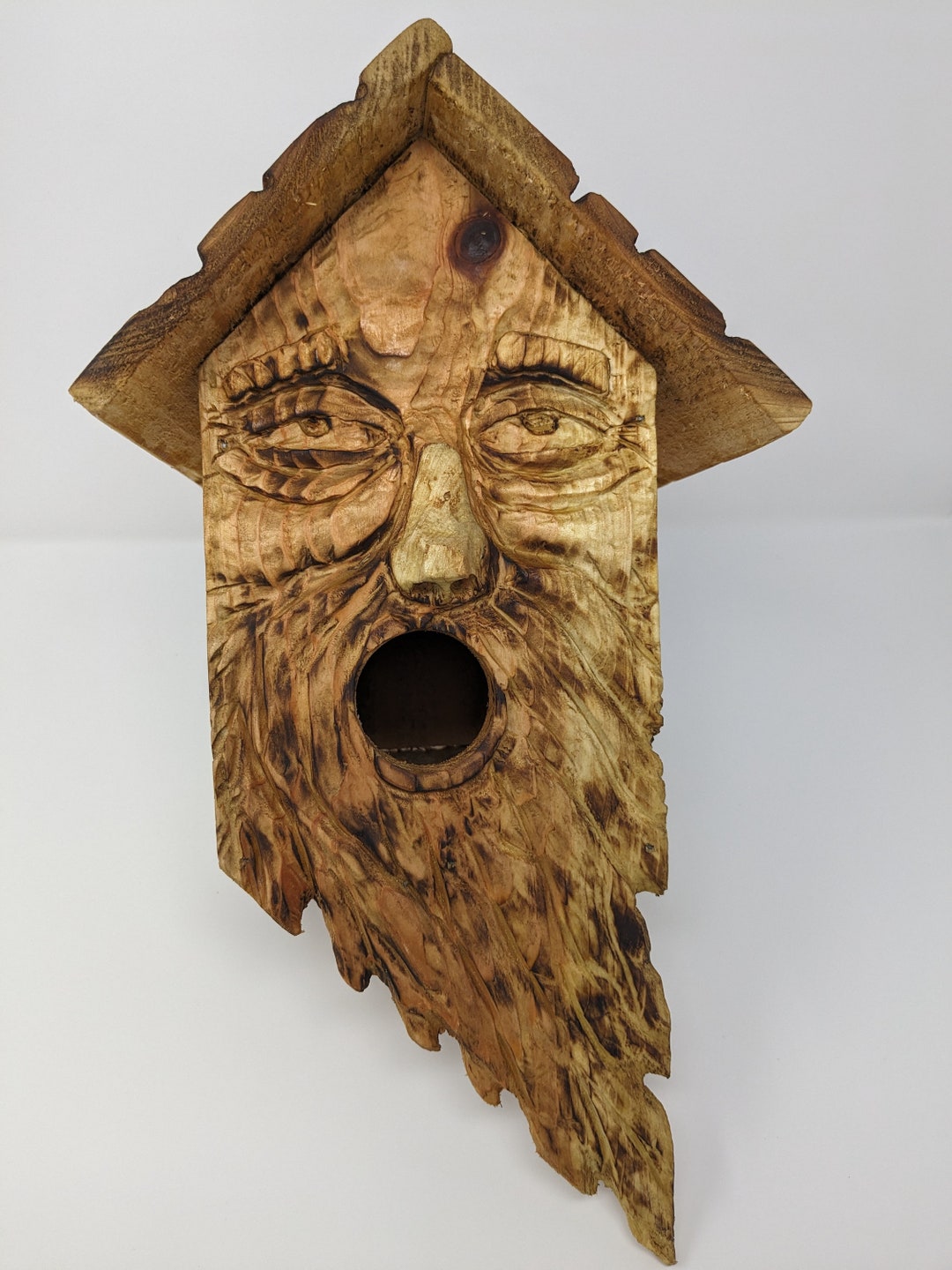 Folk Art Birdhouse With Wood Spirit Face and Round Mouth and Sleepy