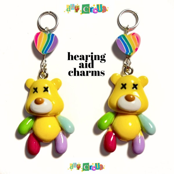 rainbow bear hearing aid charms pair, hearing aid earrings, jewelry for HoH, decora kei bear earrings