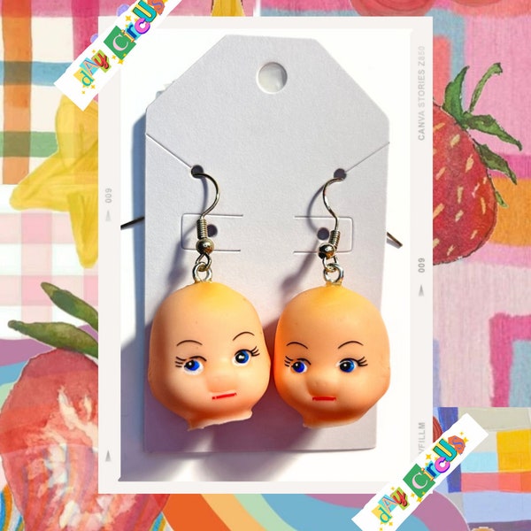 kewpie baby head charm earrings, weirdcore unsettling coquette earrings